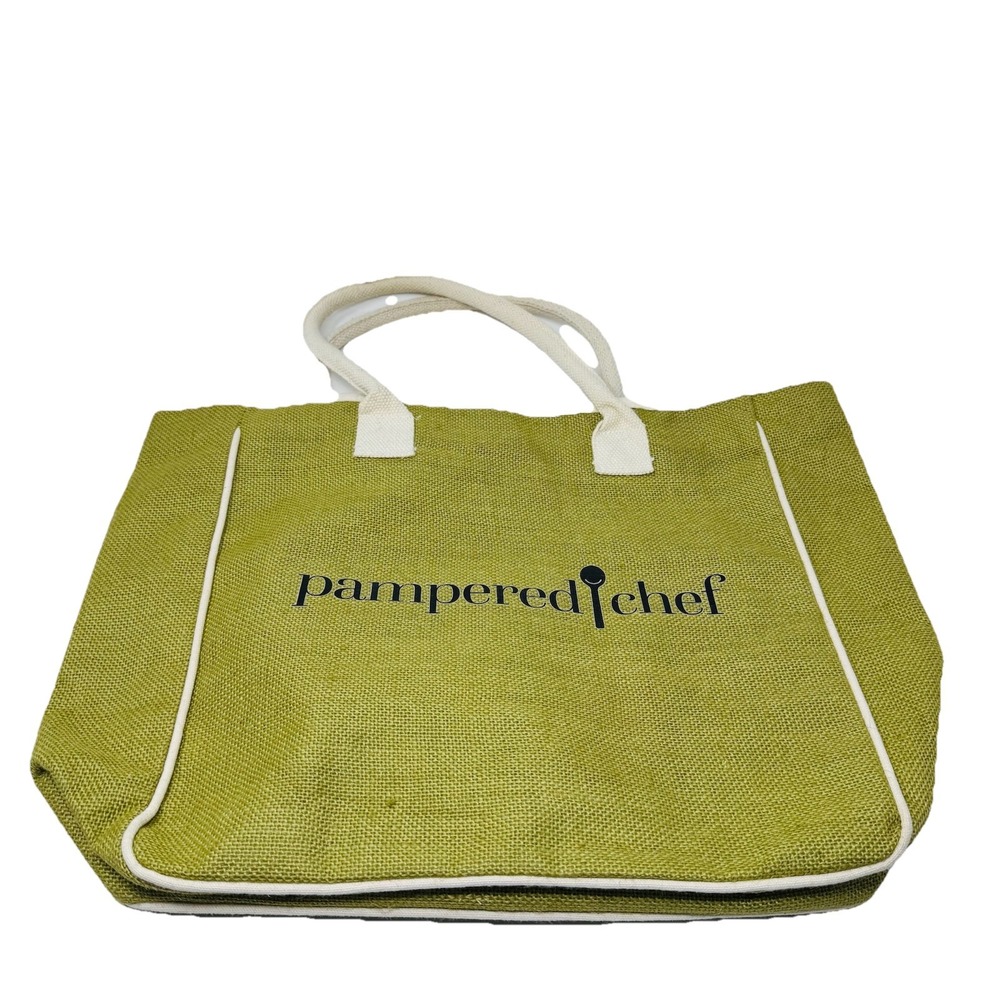 Pampered‎ Chef Green Jute Tote Bag Large Zip Close Top Double Handles